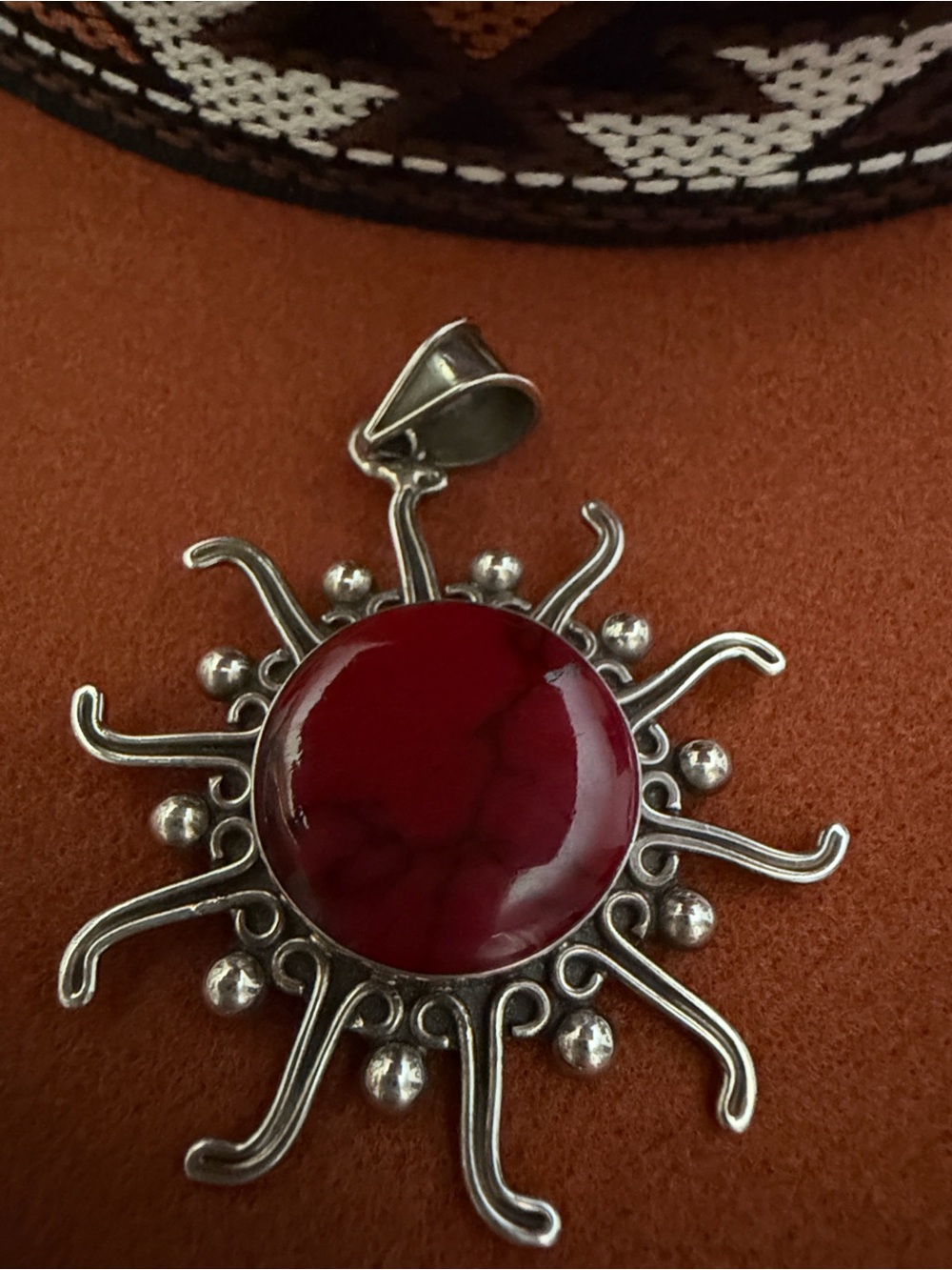 ESCORCIA .950 Pure Silver Sunburst w Red Jasper Stone. This piece is signed.